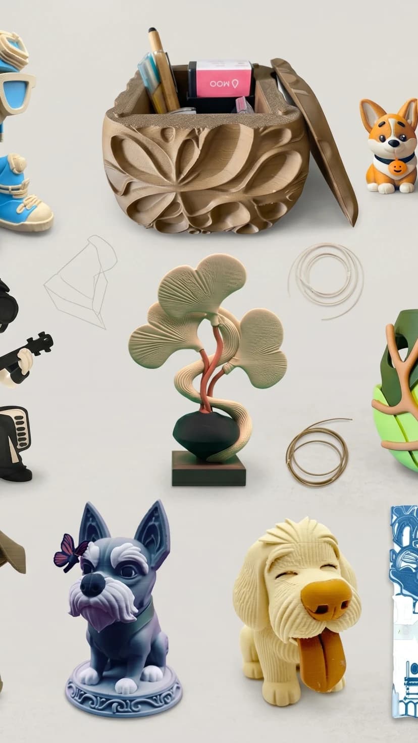A collection of colorful character figures, pet keepsakes, and sculptural desk objects